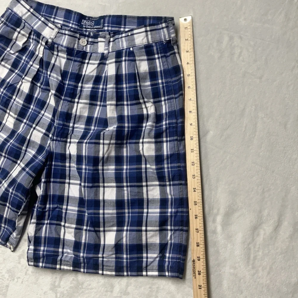 Vintage Polo Ralph Lauren Shorts Plaid Double Pleated Pony Logo Blue Mens Fit 32